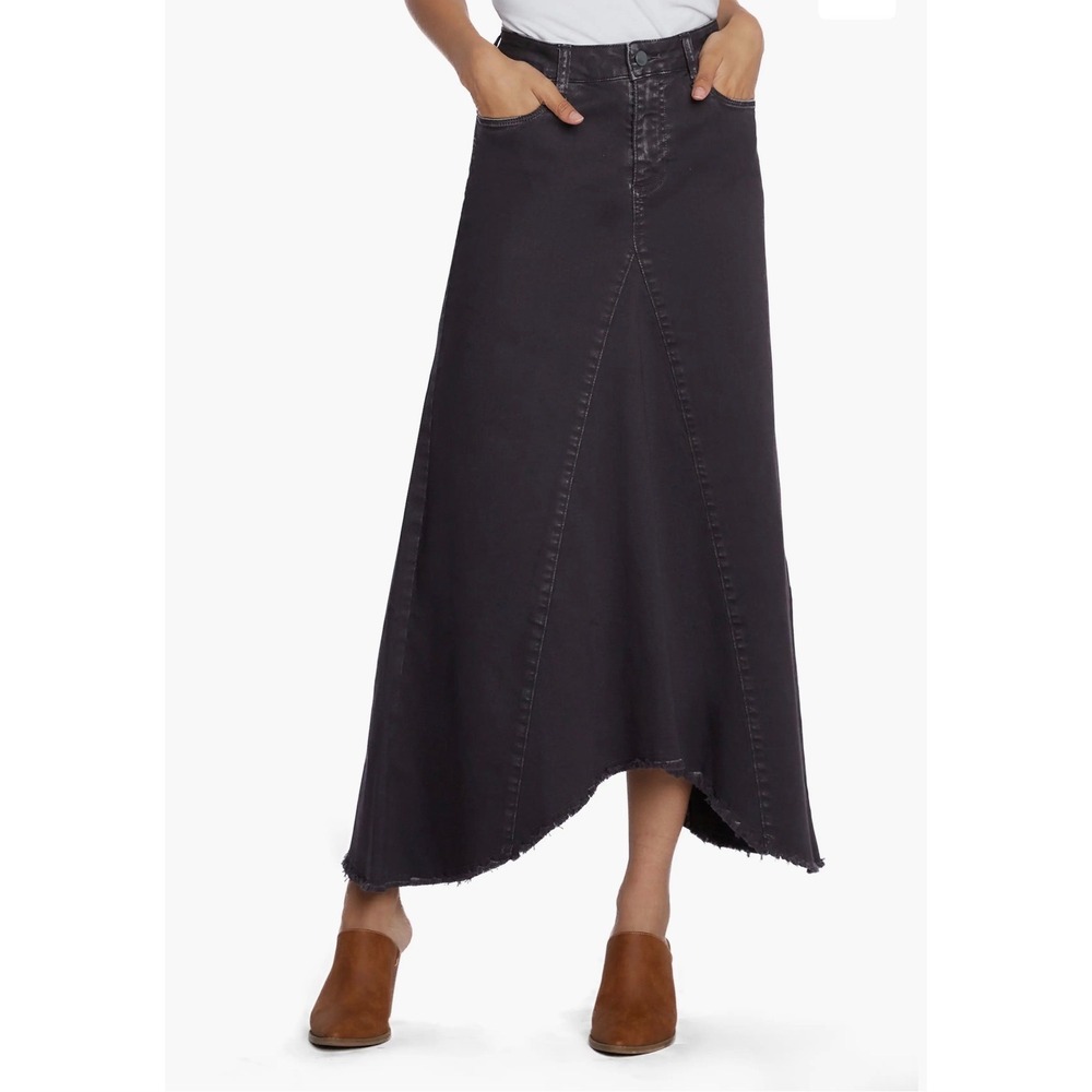 Wash Lab Selma Pierced Denim Dark Smoke Black Asymmetric Raw Hem Midi Skirt 32